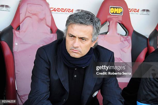Head Coach Jose Mourinho of Inter Milan looks on during the Serie A match between Livorno and Inter Milan at Stadio Armando Picchi on November 1,...