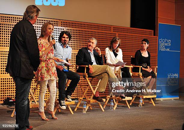 Amanda Palmer, Geoff Gilmore, Scandar Copti, Robert De Niro, Jane Rosenthal and Hiam Abbass speak during 'One Minute Films Special Event with Robert...