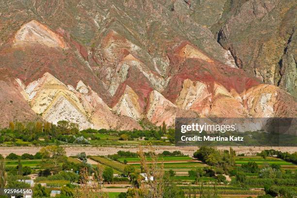 colorful rock layers, painters palette, paleta del pintor, maimara, humahuaca ravine, jujuy province, argentina - paleta stockfoto's en -beelden