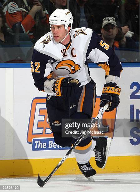 Craig Rivet of the Buffalo Sabres skates against the New York Islanders on October 31, 2009 at Nassau Coliseum in Uniondale, New York. The Isles...