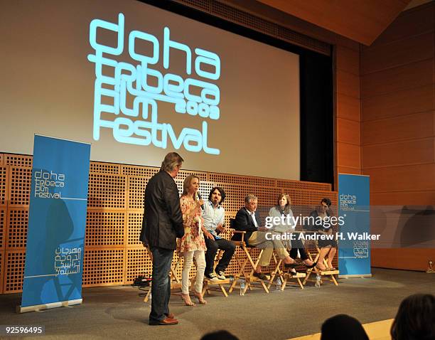 Amanda Palmer, Geoff Gilmore, Scandar Copti, Robert De Niro, Jane Rosenthal and Hiam Abbass speak during 'One Minute Films Special Event with Robert...