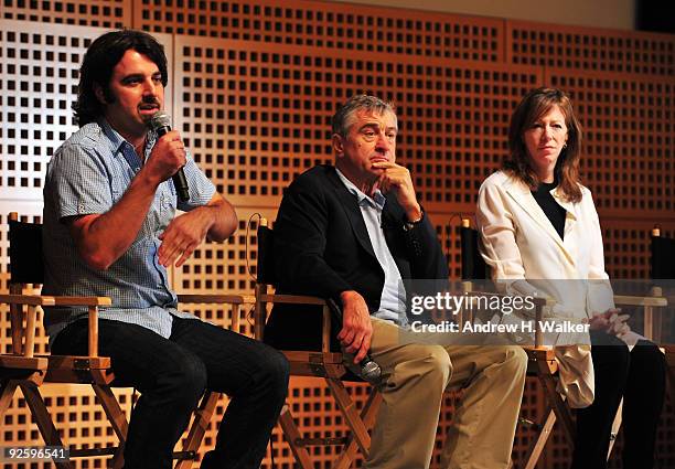 Scandar Copti, Robert De Niro and Jane Rosenthal speak during 'One Minute Films Special Event with Robert De Niro, Jane Rosenthal, Geoff Gilmore,...