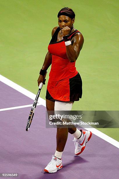 Serena Williams of the United States celebrates match point against Venus Williams of the United States during the final of the Sony Ericsson WTA...