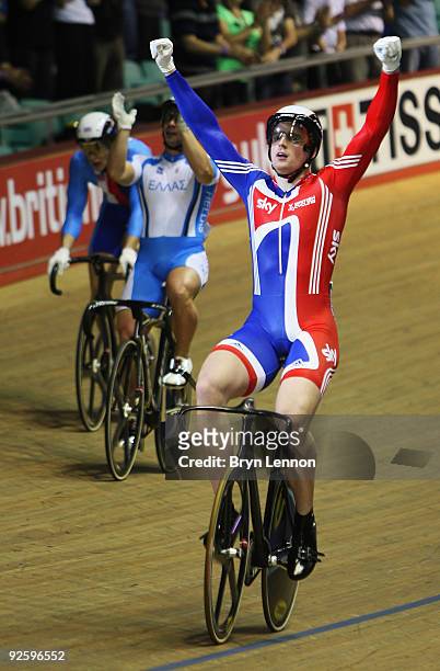 Mathew Crampton of Great Britain and Team GB celebrates winning the Men's International Keirin on day three of the UCI Track Cycling World Cup at the...