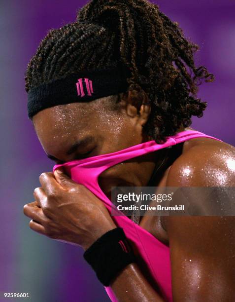 Venus Williams of the USA shows her frustration against Serena Williams of the USA in the Womens final during the Sony Ericsson Championships at the...