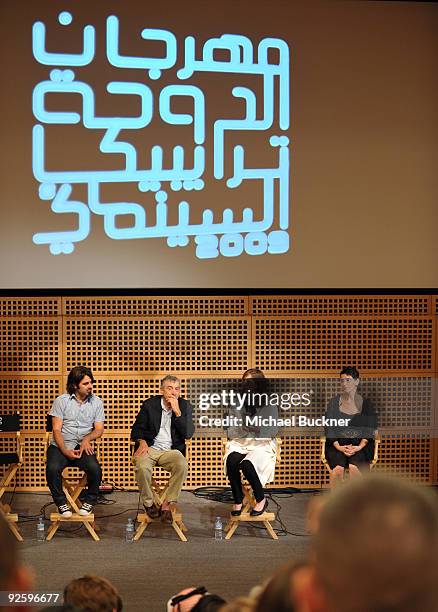 Scandar Copti, Robert De Niro, Jane Rosenthal and Hiam Abbass speak during 'One Minute Films Special Event with Robert De Niro, Jane Rosenthal, Geoff...