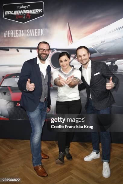Thorsten Schwartz, Lina van de Mars and Kim Feigl during the mydays Erlebniswerk opening on March 1, 2018 in Berlin, Germany.