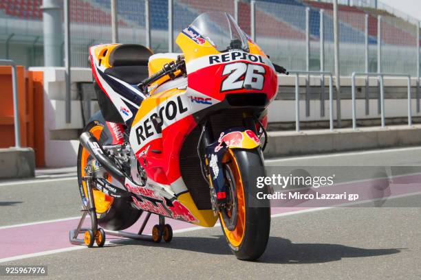 The bike of Dani Pedrosa of Spain and Repsol Honda Team parks in pit during the Moto GP Testing - Qatar at Losail Circuit on March 1, 2018 in Doha,...