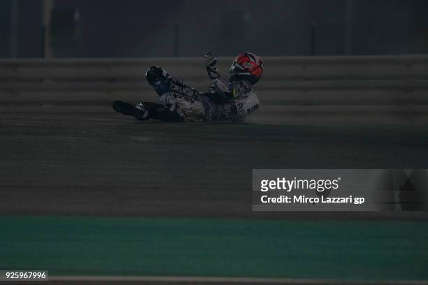 Esteve Rabat of Spain and Reale Avintia Racing crashed out during the MotoGP Testing - Qatar at Losail Circuit on March 1, 2018 in Doha, Qatar.