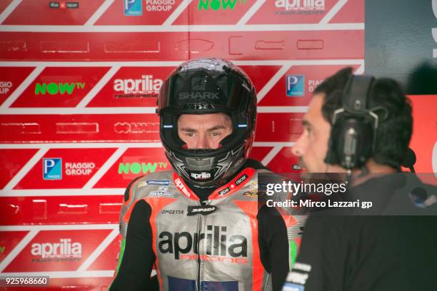 Scott Redding of Great Britain and Aprilia Racing Team Gresini looks on in box during the MotoGP Testing - Qatar at Losail Circuit on March 1, 2018...