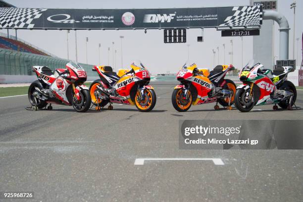 The four 2018 official Honda bikes park on track during the MotoGP Testing - Qatar at Losail Circuit on March 1, 2018 in Doha, Qatar.
