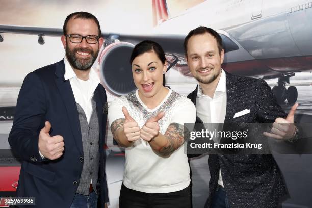 Thorsten Schwartz, Lina van de Mars and Kim Feigl during the mydays Erlebniswerk opening on March 1, 2018 in Berlin, Germany.