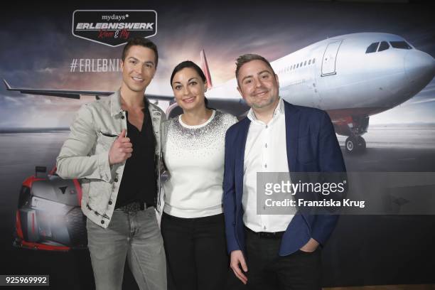 Julian David, Lina van de Mars and CEO mydays Fabian Stich during the mydays Erlebniswerk opening on March 1, 2018 in Berlin, Germany.