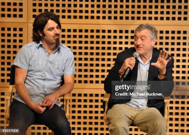 Scandar Copti and Robert De Niro speak during 'One Minute Films Special Event with Robert De Niro, Jane Rosenthal, Geoff Gilmore, Hiam Abbass and...