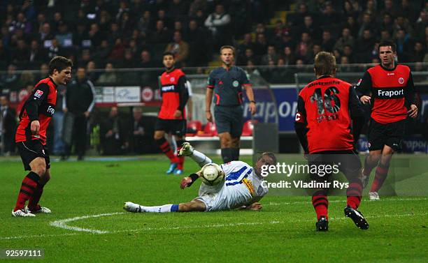 Stanislav Sestak of Bochum falls on the pitch during the Bundesliga match between Eintracht Frankfurt and VfL Bochum at Commerzbank Arena on November...