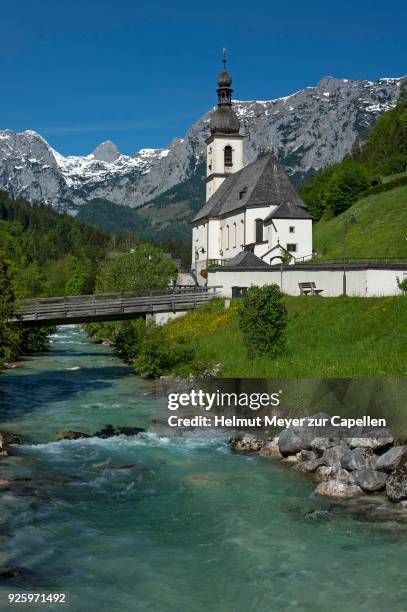 parish church st. sebastian with ramsauer ache, at back reiteralpe, ramsau, berchtesgadener land, upper bavaria, germany - upper brook st stock pictures, royalty-free photos & images