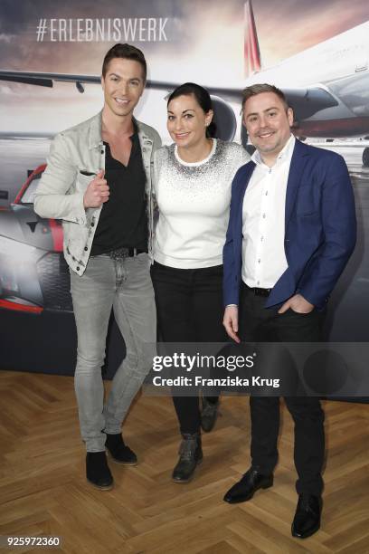 Julian David, Lina van de Mars and CEO mydays Fabian Stich during the mydays Erlebniswerk opening on March 1, 2018 in Berlin, Germany.