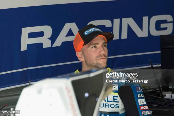 Xavier Simeon of Belgium and Reale Avintia Racing looks on in the pit during the MotoGP Testing - Qatar at Losail Circuit on March 1, 2018 in Doha,...