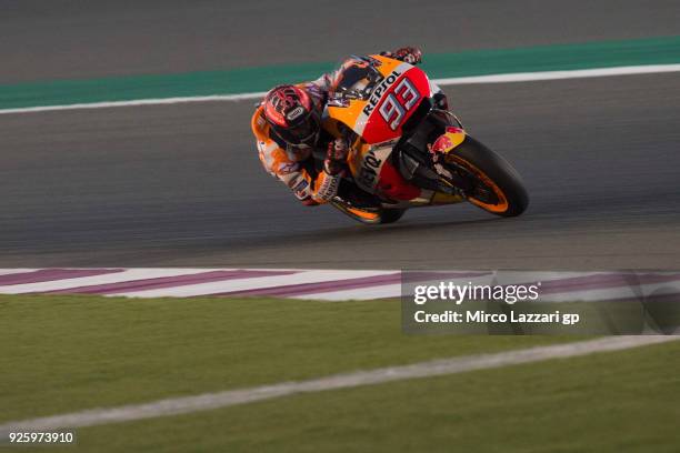 Marc Marquez of Spain and Repsol Honda Team heads down a straight during the MotoGP Testing - Qatar at Losail Circuit on March 1, 2018 in Doha, Qatar.