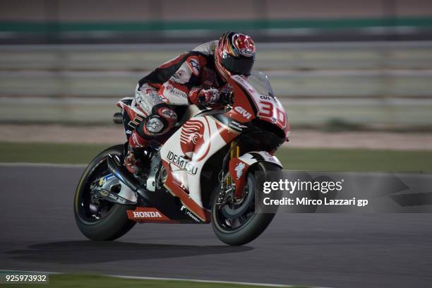 Takaaki Nakagami of Japan and LCR Honda Idemitsu heads down a straight during the MotoGP Testing - Qatar at Losail Circuit on March 1, 2018 in Doha,...