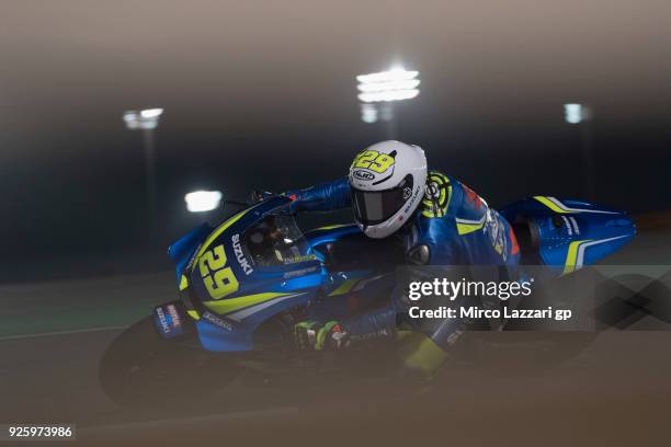 Andrea Iannone of Italy and Team Suzuki ECSTAR ros the bend during the MotoGP Testing - Qatar at Losail Circuit on March 1, 2018 in Doha, Qatar.