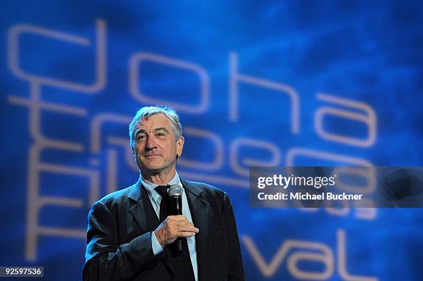 Tribeca Film Festival Co-founder Robert De Niro speaks onstage at the DTFF Closing Night Ceremony at the Museum of Islamic Art during the 2009 Doha...