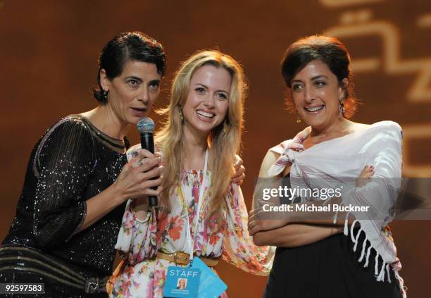 Actress Hiam Abbass, Executive Director of the Doha Tribeca Film Festival Amanda Palmer and director Najwa Najjar speak onstage at the DTFF Closing...