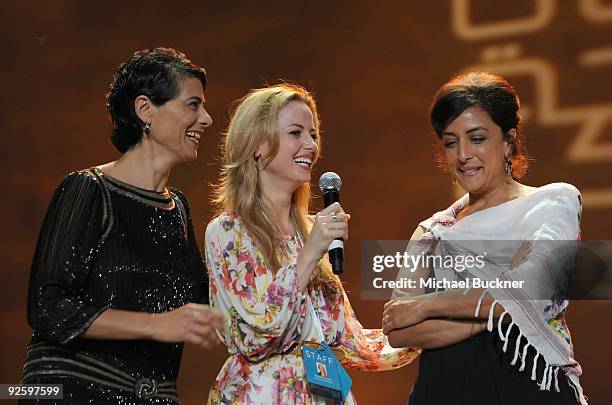 Actress Hiam Abbass, Executive Director of the Doha Tribeca Film Festival Amanda Palmer and director Najwa Najjar speak onstage at the DTFF Closing...