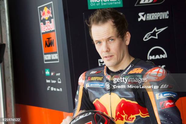Mika Kallio of Finland and Red Bull KTM Factory Racing looks on in the pit during the MotoGP Testing - Qatar at Losail Circuit on March 1, 2018 in...