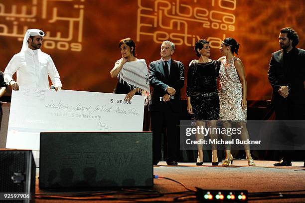 Director Najwa Najjar, Tribeca Film Festival Co-founder Robert De Niro, actress Hiam Abbass, actress Yasmine Al Masri and actor Ashraf Farah onstage...