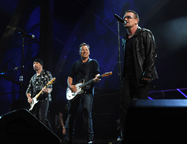 Bruce Springsteen and U2 perform on stage during the 25th Anniversary Rock & Roll Hall of Fame Concert at Madison Square Garden on October 30, 2009...