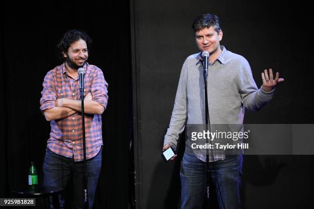 Dave King and Mike Schur perform during the "Everything Is Horrible And Wonderful" book release show at UCB Sunset Theater on February 28, 2018 in...