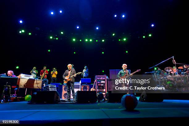 Musicians Page McConnell, Trey Anastasio, Mike Gordon and Jon Fishman of Phish perform with Sharon Jones and The Dap-Kings during Phish Festival 8 at...