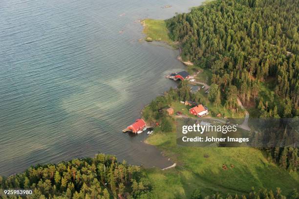 aerial view of coastal farm - stockholm beach stock pictures, royalty-free photos & images