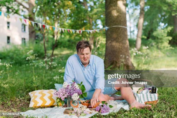 man sitting on blanket while having picnic - banderoll bildbanksfoton och bilder