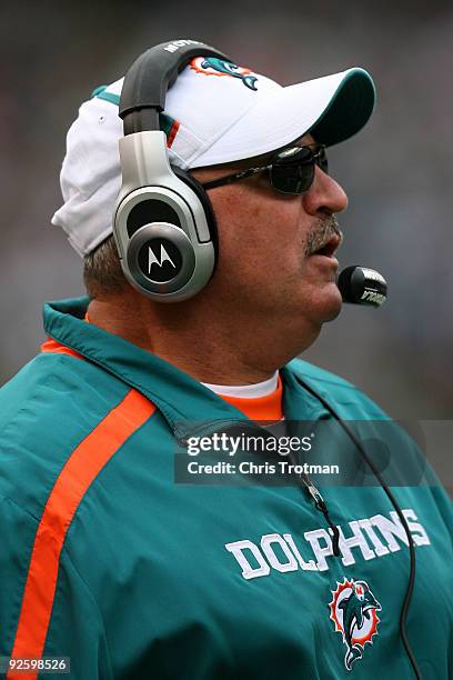 Head coach Tony Sparano of the Miami Dolphins watches as his team defeats the New York Jets at Giants Stadium on November 1, 2009 in East Rutherford,...