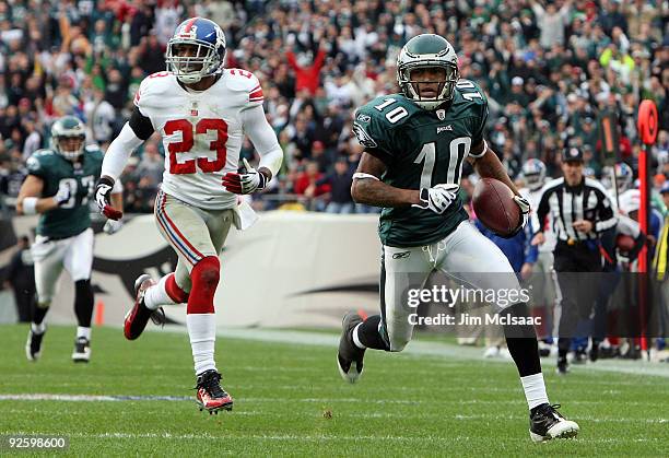 DeSean Jackson of the Philadelphia Eagles carries a reception for a second quarter touchdown past Corey Webster of the New York Giants on November 1,...