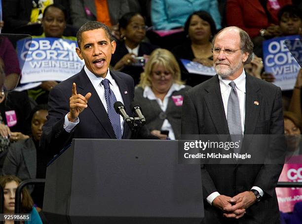 President Barack Obama speaks as New Jersey Gov. Jon Corzine stands by at a campaign rally at the Prudential Center on November 1, 2009 in Newark,...