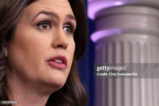 White House Press Secretary Sarah Huckabee Sanders conducts a news briefing at the White House March 1, 2018 in Washington, DC. Sanders refused to...