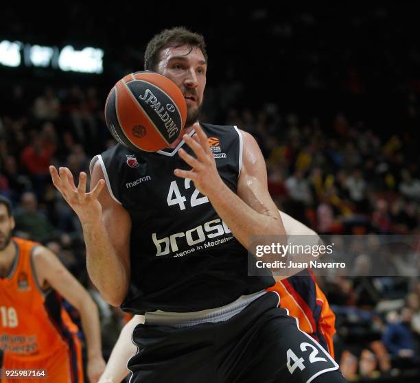 Dejan Musli, #42 of Brose Bamberg in action during the 2017/2018 Turkish Airlines EuroLeague Regular Season Round 24 game between Valencia Basket and...