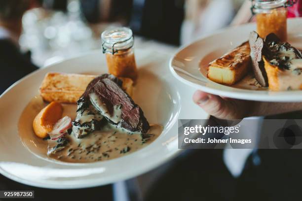 restaurant dish - waiter serving stock-fotos und bilder