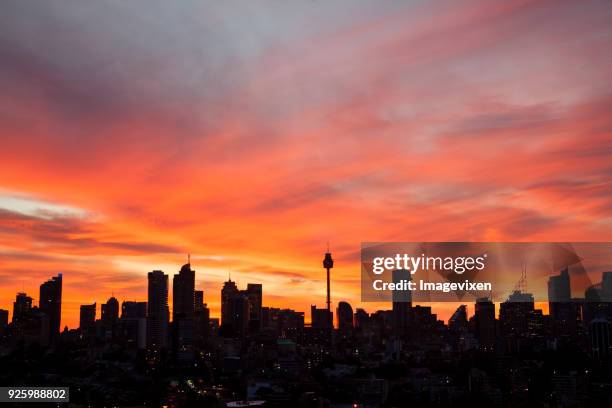 city skyline at sunset, sydney, new south wales, australia - sydney skyline stock pictures, royalty-free photos & images