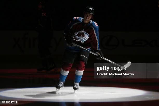 Tyson Jost of the Colorado Avalanche skates prior to the game against the Vancouver Canucks at the Pepsi Center on February 26, 2018 in Denver,...