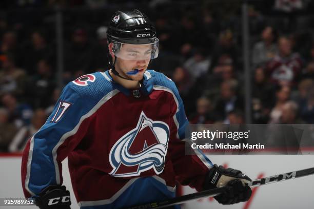 Tyson Jost of the Colorado Avalanche skates against the Vancouver Canucks at the Pepsi Center on February 26, 2018 in Denver, Colorado.