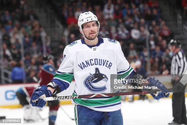 Sven Baertschi of the Vancouver Canucks skates against the Colorado Avalanche at the Pepsi Center on February 26, 2018 in Denver, Colorado. The...