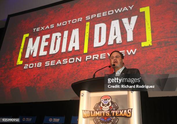 Texas Motor Speedway President Eddie Gossage speaks during the Media Day program at Texas Motor Speedway on February 28, 2018 in Fort Worth, Texas.