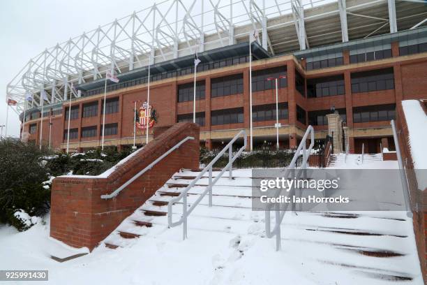 Snow surrounds the stadium during a Sunderland training session at Stadium of Light on March 1, 2018 in Sunderland, England.