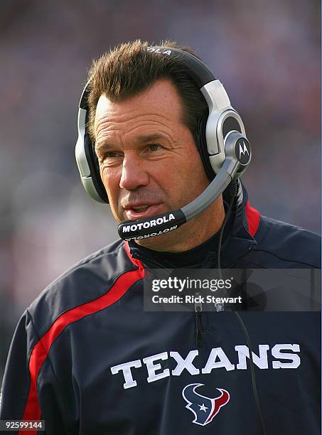 Gary Kubiak, head coach of the Houston Texans stands on the sidelines against the Buffalo Bills at Ralph Wilson Stadium on November 1, 2009 in...