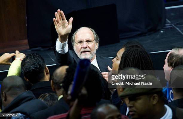 New Jersey Gov. Jon Corzine shakes hands with supporters after a campaign rally at the Prudential Center on November 1, 2009 in Newark, New Jersey....