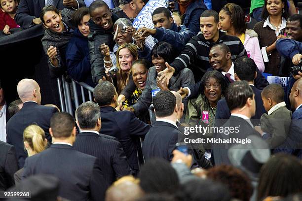 President Barack Obama greets people following a campaign rally for New Jersey Gov. Jon Corzine at the Prudential Center on November 1, 2009 in...